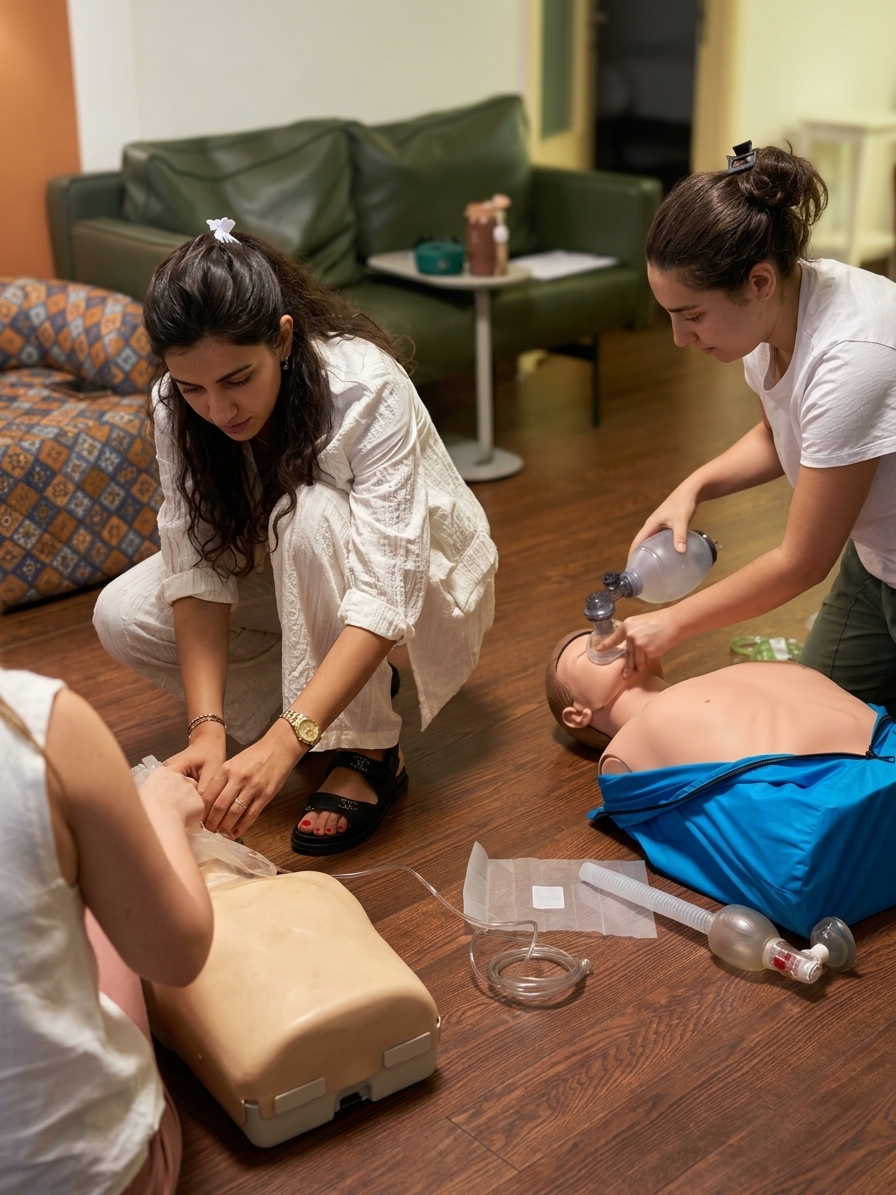 Parents practicing infant CPR during a First Aid course